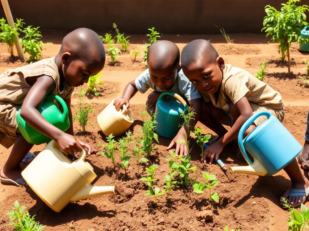 Des élèves arrosent de jeunes plants dans le jardin de l'école
