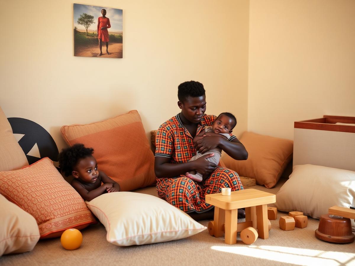 Une éducatrice porte un bébé dans l'espace douillet de la crèche