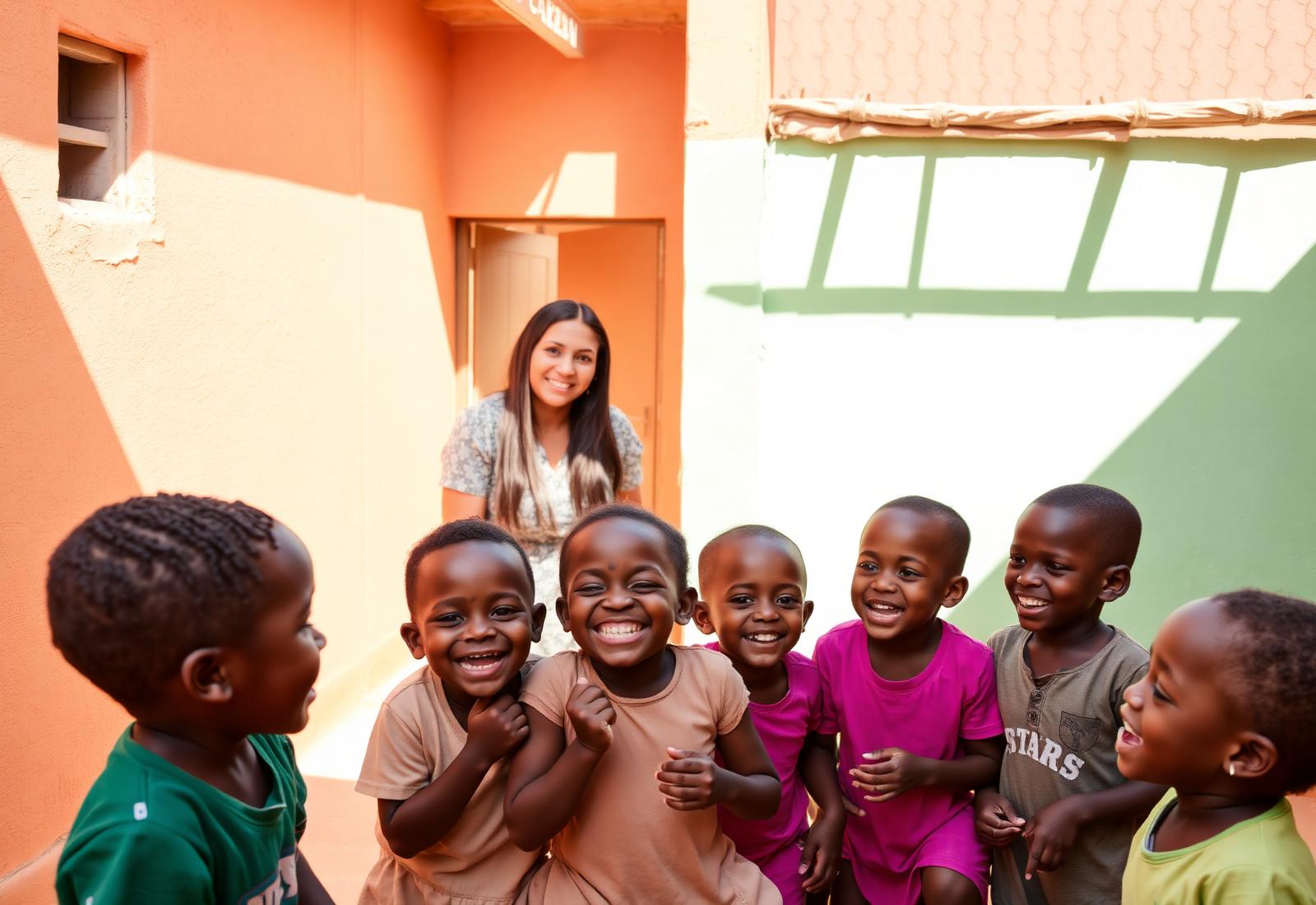 Des enfants rient ensemble dans la cour de l'école avec leur enseignante