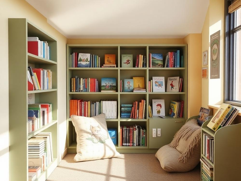Le coin bibliothèque avec ses étagères et ses coussins